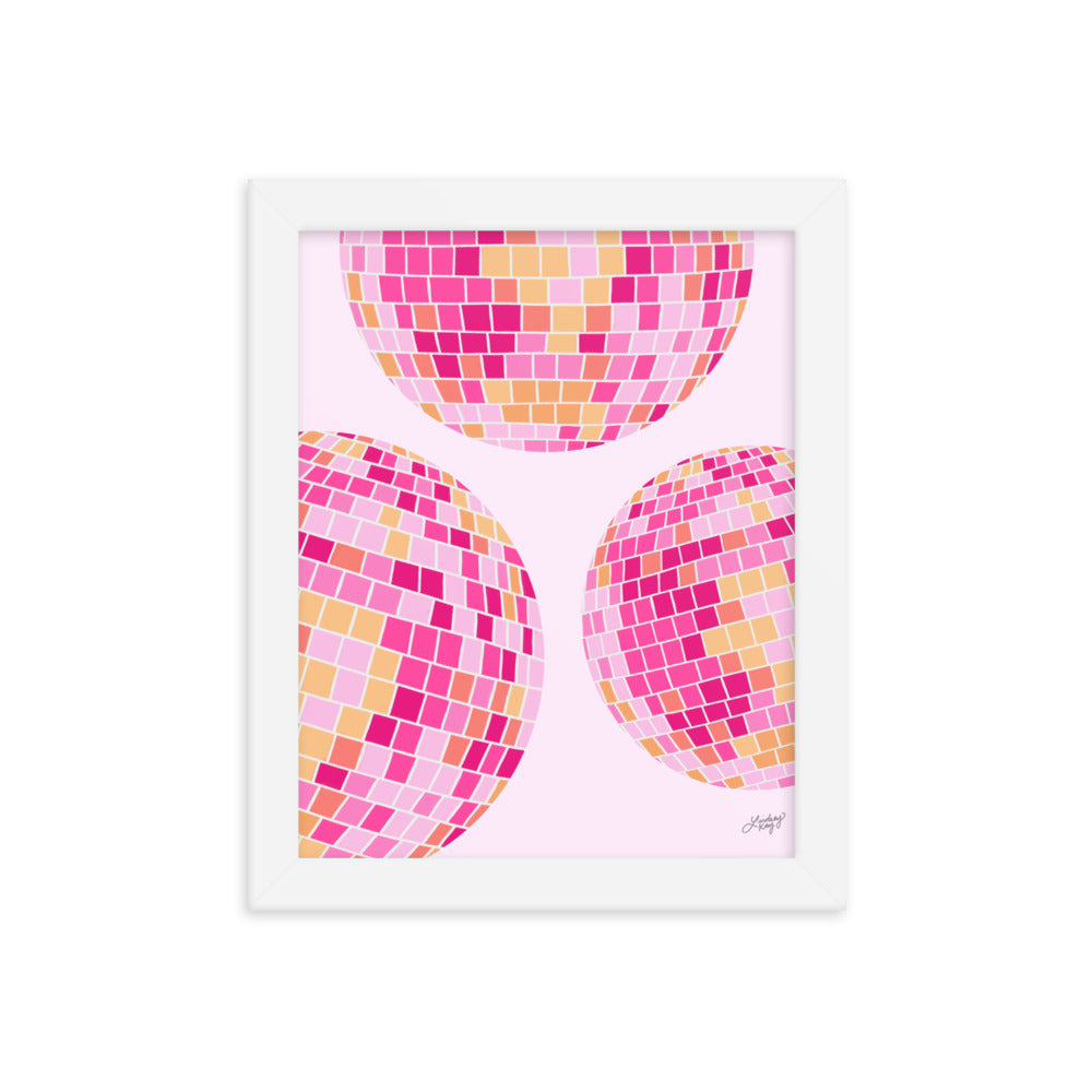 Ilustración de bolas de discoteca (paleta rosa/amarilla) - Impresión mate enmarcada